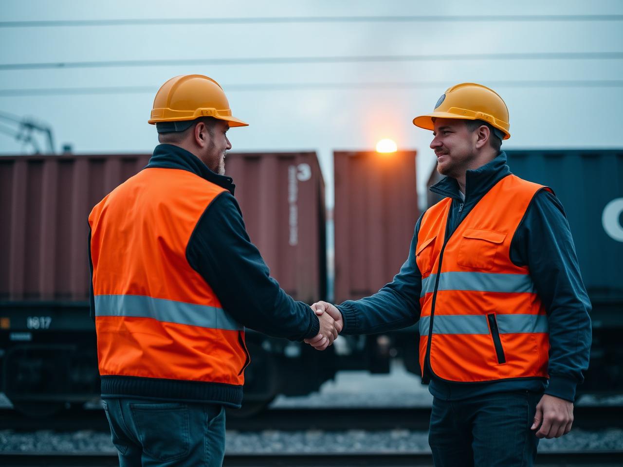 Handschlag zwischen Bahnpersonal vor Güterzug
